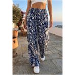 BİKELİFE Kadın Desenli Yüksek Bel Yazlık Kumaş Beli Lastikli Pantolon