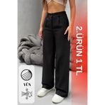 BİKELİFE Kadın Yüksek Bel Wide Leg Beli Lastikli Bol Paça Rahat Kalıp Palazzo Pantolon