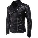 Biker Erkek Deri Motosiklet Montu, Kuzu Derisi, Siyah, Dar Kesim, Fermuarlı (Siyah, 2XL)