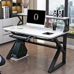 Bilgisayar Masası Kitaplıklı Ev Ofis Masaları Modern Basit Çalışma Yazı Masası/Sağlam Metal Çerçeveli İş İstasyonu (107 cm, Beyaz ve Siyah Çerçeve)