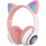 Bilişim Aksesuar Kedi Kulaklık Kart Girişli Radyolu Bluetooth 5.0 Kulaklık Yüksek Ses Akıllı LED Işıklı Kedi Kulaklık - Pembe