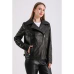 Billie Kadın Deri Biker Ceket - Siyah1 - 4XL