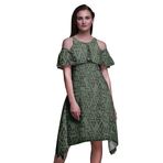 Bimba Swing Flutter Soğuk Omuz Yosun Yeşili Midi Kadın Elbise