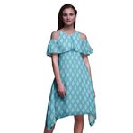 Bimba Vardiya Şık Stil Kelebek Baskılı Soğuk Omuz Turkuaz Mavi Kadın Elbise
