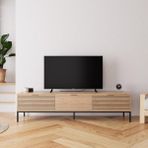 Bimossa E0060 180 cm Alya TV Sehpası 78'' TV Uyumlu Şık Metal Ayaklı Modern Depolama Alanlı TV Ünitesi - Meşe