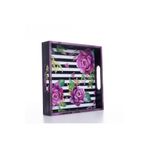 Bimotif Dekoratif Süs Tepsi, 20X4X20 Cm, Pembe Çiçek ve Çizgi