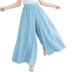 BININBOX Kadın elastik yüksek bel pantolon etek bayanlar geniş bacak Culottes pamuk keten uzun gevşek pantolon (Açık Mavi, Uzunluk 85CM)