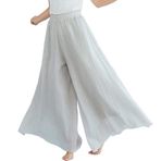BININBOX Kadın elastik yüksek bel pantolon etek bayanlar geniş bacak Culottes pamuk keten uzun gevşek pantolon (Bej, Uzunluk 95CM)