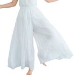 BININBOX Kadın elastik yüksek bel pantolon etek bayanlar geniş bacak Culottes pamuk keten uzun gevşek pantolon (Beyaz, Uzunluk 95CM)