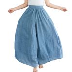 BININBOX Kadın elastik yüksek bel pantolon etek bayanlar geniş bacak Culottes pamuk keten uzun gevşek pantolon (Mavi, Uzunluk 85CM)