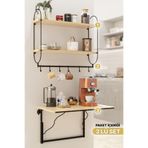 Bino Modern Kahve Köşesi 3'lü Set, Ahşap Vernikli Duvar Rafı, Metal Askılık, Katlanabilir Mutfak Masası, Siyah