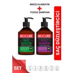 Biocure Kalıcı Saç Düzleştirici Brezilya Keratin Saç Bakımı Set Tuzsuz Arındırıcı Şampuan Brezilya Fönü