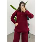 Bipantolon Kadın Bordo Şardonlu Çıtçıt Detaylı Yumuşak Sweatshirt Takım