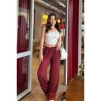 Bipantolon Kadın Bordo Yüksek Bel Likralı Dökümlü Relax Bubble Pantolon