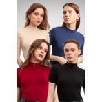 Bipantolon Kadın Siyah Krem Lacivert Bordo 4'lü Paket Kısa Kol Bluz