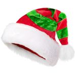 Bipl Noel şapkası, pelüş yetişkin Noel Baba şapkası, kırmızı ve yeşil çizgili Noel şapkası, beyaz kalın kürk kenarlı şapka, kadınlar ve erkekler için Noel partisi dekorasyonu