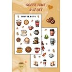 Birikiyedi 2 'li Kahve Temalı Sticker Etiket Seti - Coffee Sticker - Laptop Notebook Telefon - Çok Renkli