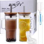 Birity Bambu Kapaklı ve Pipetli Cam Bardaklar,24oz Saplı Bardak,Kapaklı 2 Paket Mason Kavanoz ve Saman Geniş Ağızlı Yeniden Kullanılabilir İçme Bardakları,Kupa Smoothie Tumbler Buzlu Kahve Kupası Seyahat