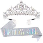 "Birthday Girl" Kuşak ve Yapay Elmas Taç Seti Gümüş COCIDE Doğum Günü Kuşağı ve Taç Kadınlar için Doğum Günü Dekorasyon Seti Yapay Elmas Kafa Bandı Kız Parıltılı Kristal Saç Aksesuarları (Aurora