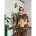 Bisiklet Yaka Baklava Desenli Kadın Kazak - Standart - Kahverengi - Bej