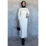 Bisiklet Yaka Çiçek Figürlü Tesettür Triko Elbise P-00018363 - Taş - Standart