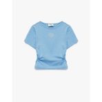 Bisiklet Yaka Slim Fit Kalpli Taşlı Büzgü Detaylı Pamuklu Kısa Kollu Crop Bluz