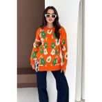 Bisiklet Yaka Uzun Kollu Çiçek Desenli Oversize Triko Kazak Turuncu - Standart