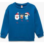 Bisiklet Yaka Uzun Kollu Pamuklu Yılbaşı Baskılı Sweatshirt - 4 - 5 Yaş - Mavi