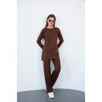 Bisiklet Yaka Viskon Tunik & Pantolon Takım-Kahverengi - 5XL