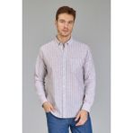 Bisse Regular Fit Paşa Yaka Çizgili Kahve Pamuk Keten Erkek Gömlek GMKTN3PS224008_D11 - XL