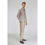 Bisse Regular Fit Spor Yaka Çizgili Açık Kahve Pamuk Erkek Gömlek GMCZG3SP224005_10