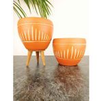 Bitki Tasarımı Dik Çizgi Desenli Terrakota Toprak Saksı Saksılık Salon Çiçeklik İkili Set Ayaksız - 3 Ayaklı- 15 Cm