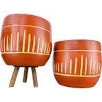 Bitki Tasarımı Dik Çizgi Desenli Toprak Saksı Saksılık Salon Çiçeklik İkili Set Ayaksız - 3 Ayaklı- 19 CM