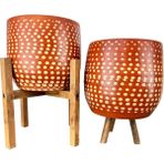 Bitki Tasarımı Ev Dekorasyon Aksesuar Beyaz Nokta Desenli Toprak Saksı Saksılık Salon Çiçeklik İkili Set 3 Ayaklı- 4 Ayaklı- 19 CM - Kiremit