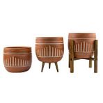 Bitki Tasarımı Ev Dekorasyon Aksesuar Dik Çizgi Desenli Toprak Saksı Saksılık Salon Çiçeklik Üçlü Set - 19 CM