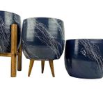 BİTKİ TASARIMI EV DEKORASYON AKSESUAR GRİ ÜZERİ BEYAZ MERMER EFEKTLİ TOPRAK SAKSI SAKSILIK SALON ÇİÇEKLİK ÜÇLÜ SET- 19 CM