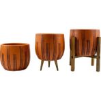 Bitki Tasarımı Ev Dekorasyon Aksesuar Siyah Çizgi Desenli Toprak Saksı Saksılık Salon Çiçeklik Üçlü Set - 19 CM