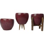 Bitki Tasarımı Ev Dekorasyon Bordo Granit Toprak Saksı Saksılık Salon Çiçeklik Üçlü Set - 15 CM - Kırmızı