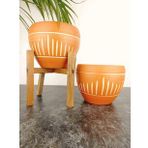 BİTKİ TASARIMI EV DEKORASYON DİK ÇİZGİ DESENLİ TERRAKOTA TOPRAK SAKSI SAKSILIK SALON ÇİÇEKLİK İKİLİ SET AYAKSIZ - 4 AYAKLI- 15 CM