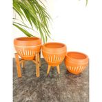 BİTKİ TASARIMI EV DEKORASYON DİK ÇİZGİ DESENLİ TERRAKOTA TOPRAK SAKSI SAKSILIK SALON ÇİÇEKLİK ÜÇLÜ SET - 15 CM