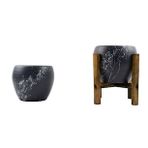 BİTKİ TASARIMI EV DEKORASYON GRİ ÜZERİ BEYAZ MERMER EFEKTLİ TOPRAK SAKSI SAKSILIK SALON ÇİÇEKLİK İKİLİ SET AYAKSIZ - 4 AYAKLI- 15 CM