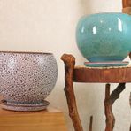 Bitki Tasarımı Ev Dekorasyon Krem Kahve Şekilli Ve Turkuaz Artistik Çift Sırlı İç Ve Dış Mekan Kullanımlı Tabaklı Toprak Terrakota Saksı Saksılık Salon Çiçeklik İkili Set
