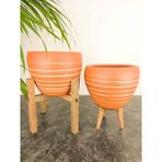 BİTKİ TASARIMI EV DEKORASYON YAN ÇİZGİ DESENLİ TERRAKOTA TOPRAK SAKSI SAKSILIK SALON ÇİÇEKLİK İKİLİ SET 3 AYAKLI- 4 AYAKLI- 15 CM