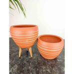 BİTKİ TASARIMI EV DEKORASYON YAN ÇİZGİ DESENLİ TERRAKOTA TOPRAK SAKSI SAKSILIK SALON ÇİÇEKLİK İKİLİ SET AYAKSIZ - 3 AYAKLI- 15 CM
