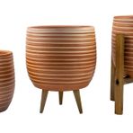 Bitki Tasarımı Ev Dekorasyon Yan Çizgi Desenli Toprak Saksı Saksılık Salon Çiçeklik Üçlü Set - 19 CM