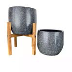 Bitki Tasarımı Gri Granit Toprak Saksı Saksılık Salon Çiçeklik İkili Set Ayaksız - 4 Ayaklı- 19 CM