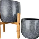 Bitki Tasarımı Gri Granit Toprak Saksı Saksılık Salon Çiçeklik İkili Set Ayaksız - 4 Ayaklı- 19 CM