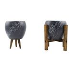 Bitki Tasarımı Gri Üzeri Beyaz Mermer Efektli Toprak Saksı Saksılık Salon Çiçeklik İkili Set 3 Ayaklı- 4 Ayaklı- 15 Cm