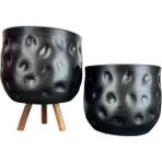 Bitki Tasarımı Siyah Desenli Toprak Saksı Saksılık Salon Çiçeklik İkili Set Ayaksız - 3 Ayaklı- 19 CM