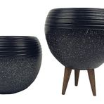 Bitki Tasarımı Siyah Granit Küp Saksı Saksılık Salon Çiçeklik İkili Set (3 Ayaklı-Ayaksız)